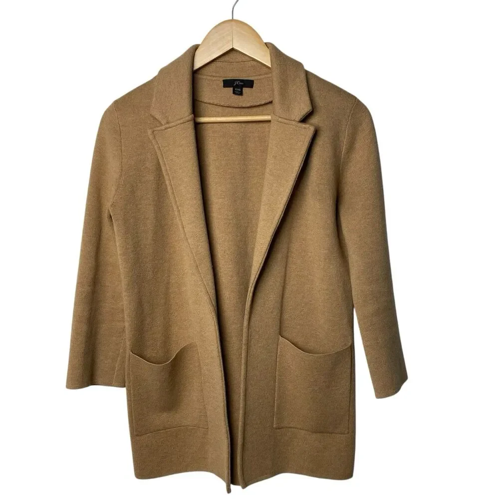 J Crew Sophie Sweater Blazer XXS Camel Wool Blend Knit Open Front Jacket Pockets